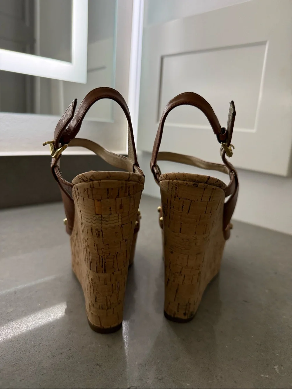 Michael Kors Brown Leather Cork Wedge Sandals with Gold Studs